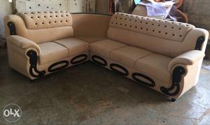 Brown Velvet Cushioned Sectional Sofa