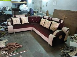 Brown White Fabric Sectional Sofa