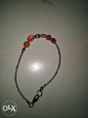 Pink And Orange Beaded Silver Necklace