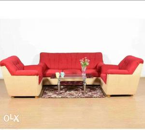 Red 3-seat Couch And Two Armchairs Set With Brown Wooden