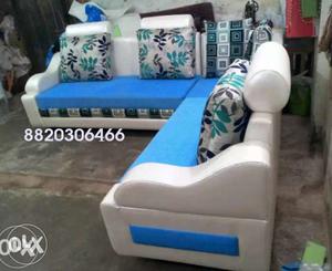 White And Blue Leather Sectional Couch With White And Teal