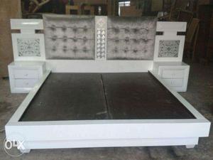 White Wooden Bed Frame With Tufted Headboard
