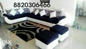 White-and-blue Sectional Sofa With Two Ottomans Set