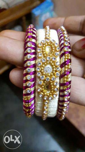 Women's Three White And Purple Silk Thread Bangles