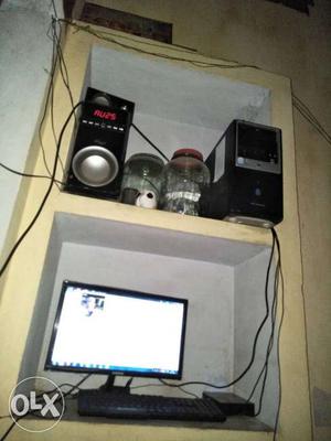 Black-and-grey Speaker, Computer Tower, Flatscreen Monitor,