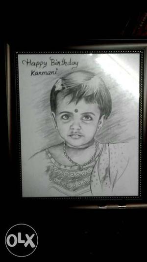 Sketch Of Child With Bindi On The Forehead With Black Frame