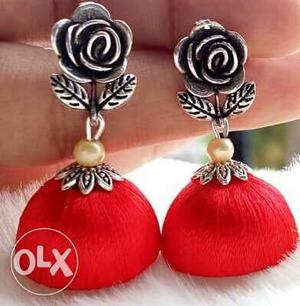 Pair Of Silver And Red Silk Tread Jhumkas
