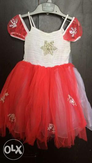 Girl's White And Red Short Sleeve Dress