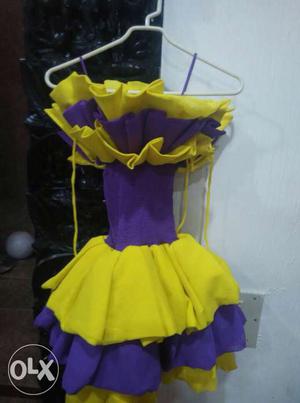 Girl's Yellow And Violet Ruffled Spaghetti Strap Dress