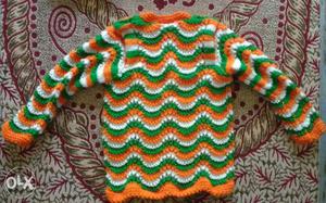 Green And Orange Hand Knit Long Sleeve Sweater