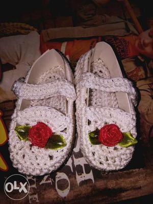 Pair Of Children's Crochet White Shoes With Red Flower