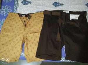 Two Brown And Yellow Bermuda Shorts