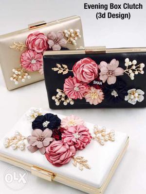 3D Floral Pearl Design Clutch with Sling