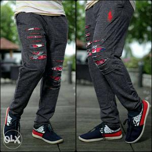 Black And Red Distressed Jogging Pants