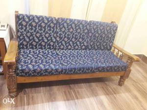 Blue Floral 3-seated Sofa With Brown Wooden Frame