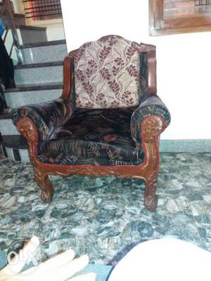 Blue, Red And Brown Armchair With Brown Wooden Frame