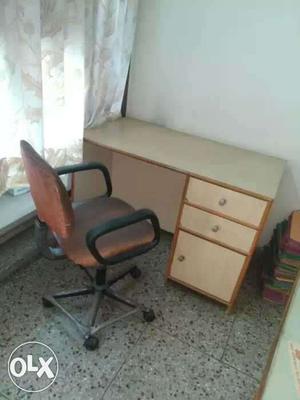 Brown Wooden Desk With Rolling Chair
