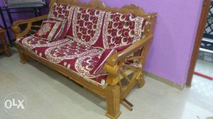 Brown Wooden Frame Maroon And White Couch