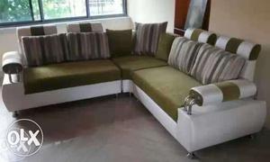 Green And White Cushioned Sectional Couch