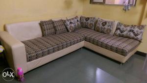 Grey Fabric Sectional Sofa With Throw Pillows