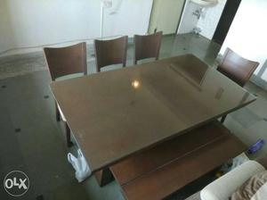 Rectangular Brown Wooden Table 4-chair And Bench Dining Set