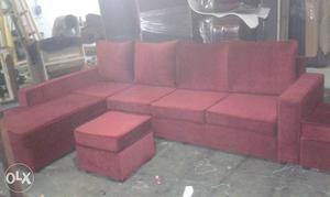 Red Fabric Sectional Sofa With Ottoman Set