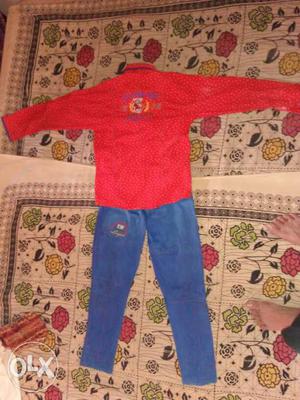 Toddler's Red Dress Shirt; Blue Denim Jeans