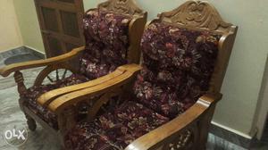 Two Red-white-brown Floral Armchairs With Brown Wooden Frame