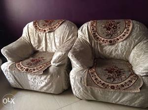 White And Brown Fabric Sofa Chairs