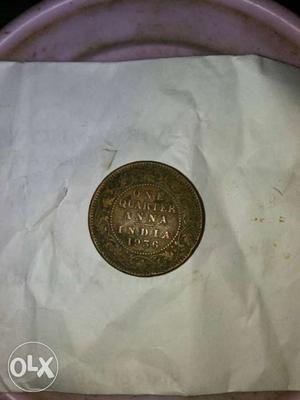  Round Silver One Quarter Anna India Coin