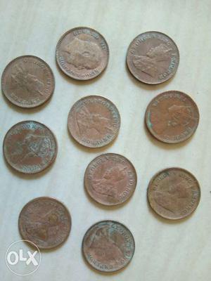 Ten copper coins two of  and,