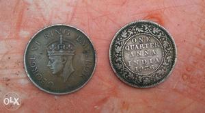 Two 1 Indian Quarter Anna Coins