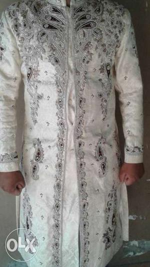 Beige And Gray Floral Long Sleeve Traditional Dress