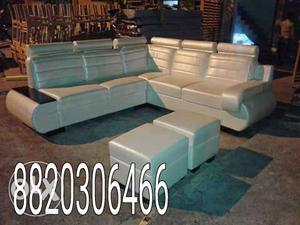 Beige Leather L Sectional Couch