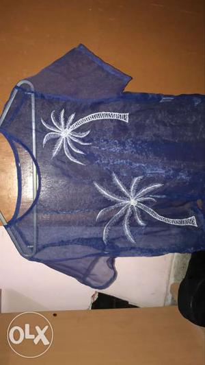 Blue sheer shirt with palm tress emboidered (not