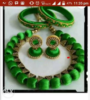 Green And Gold Jhumkas with silk thread