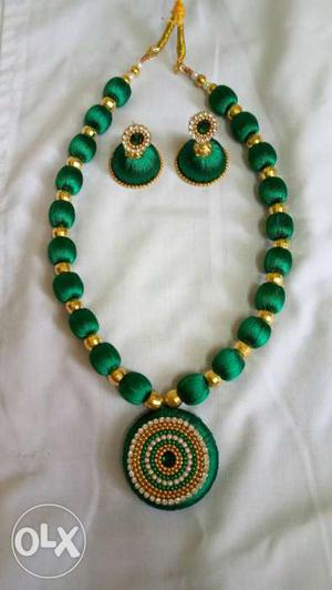 Green-and-gold Necklace And Jhumkas Earrings
