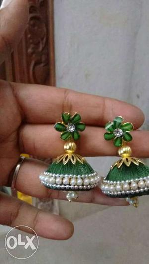 Green-white-and-gold Jhumkas Earrings