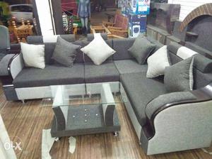 Grey And White Sectional Couch With Throw Pillows