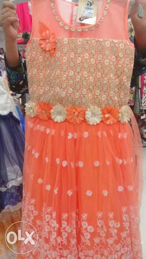 Orange And White Floral Sleeveless Dress
