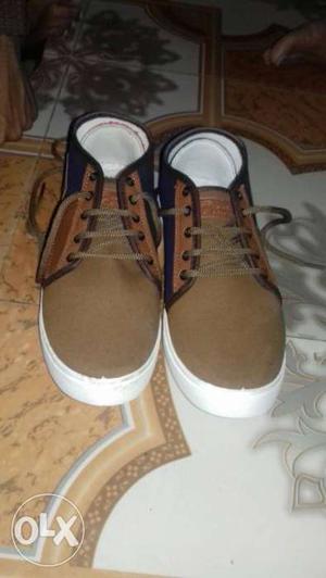 Pair Of Brown-and-white Low Top Sneakers