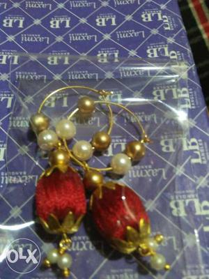 Pair Of Gold-and-red Beaded Bangle Earrings