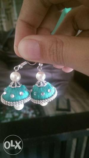 Pair Of Teal-and-silver Silk Thread Jhumkas
