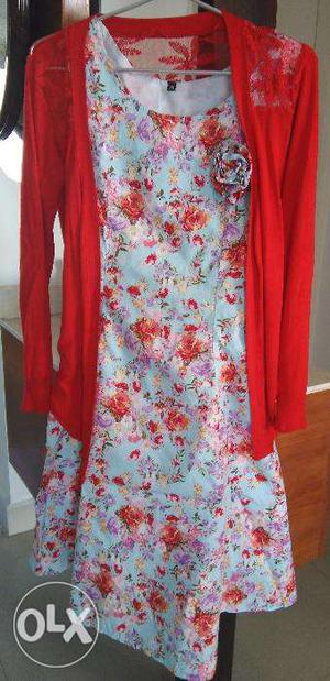 Party Dress - Floral Print Blue Dress with Red Shrug