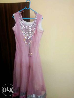 Pink And Silver-colored Scoop Neck Sleeveless Suit.