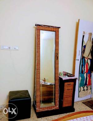 Rectangular Leaning Mirror With Beige Wicker Frame