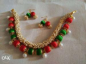 Red And Green Beaded Necklace With Hook Earrings