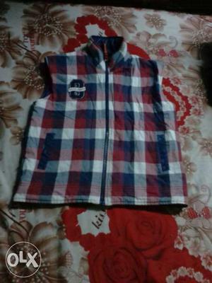 Red, Gray, And Blue Gingham Zip Vest