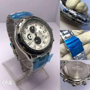 Round Silver Case Chronograph Watch With Silver Bracelet