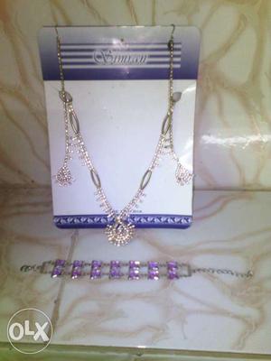 Silver And Diamond Necklace And Amethyst Bracelet